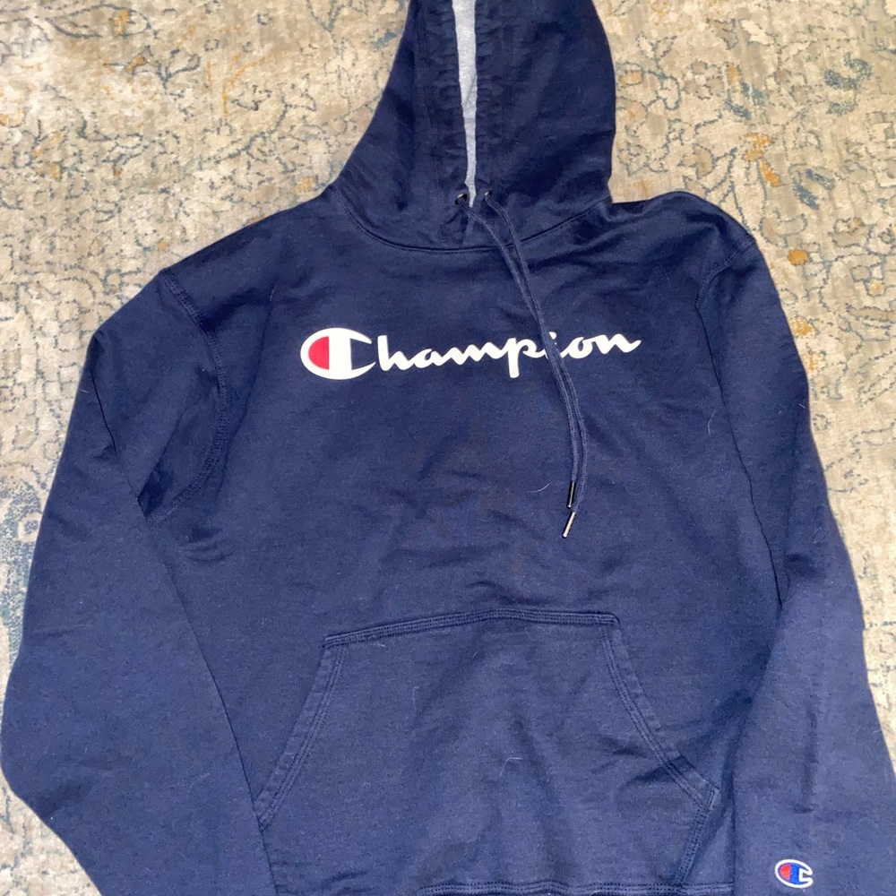 Champion mens navy blue logo sweatshirt with grey lined hood size medium